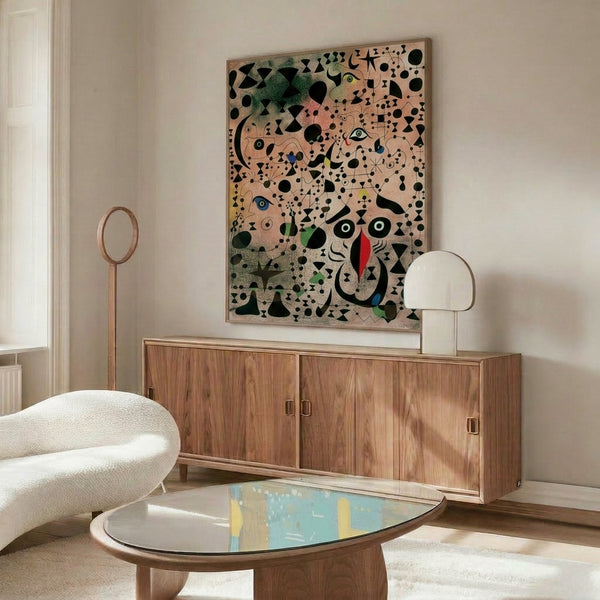 Framed contemporary print presenting an imaginative bird motif with floating abstract shapes in warm earth tones and jewel-bright accents.