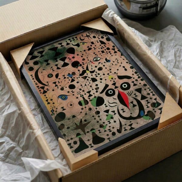 Modern surreal art poster showcasing a distinctive bird and mysterious abstract composition in rich warm and cool color interplay.
