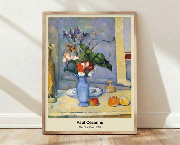 Cézanne-inspired still life poster featuring a blue vase with red apples and fruit on a draped table, rendered in muted ochre, green, and white tones with contemplative impressionist style.