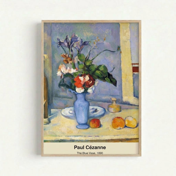 Framed modern art print of a carefully composed still life with a prominent blue ceramic vase surrounded by fresh fruit, displaying methodical brushwork in earthy and cool color tones.