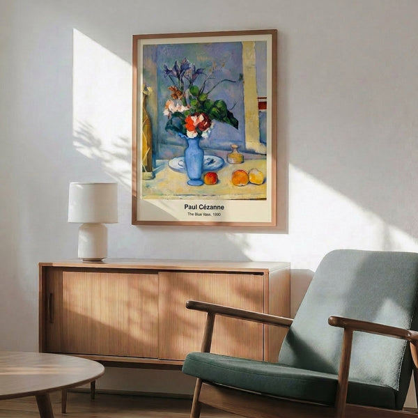 Serene still life framed poster featuring a blue ceramic vessel with fruit composition, painted in muted blues, reds, ochres and greens with methodical impressionist technique.