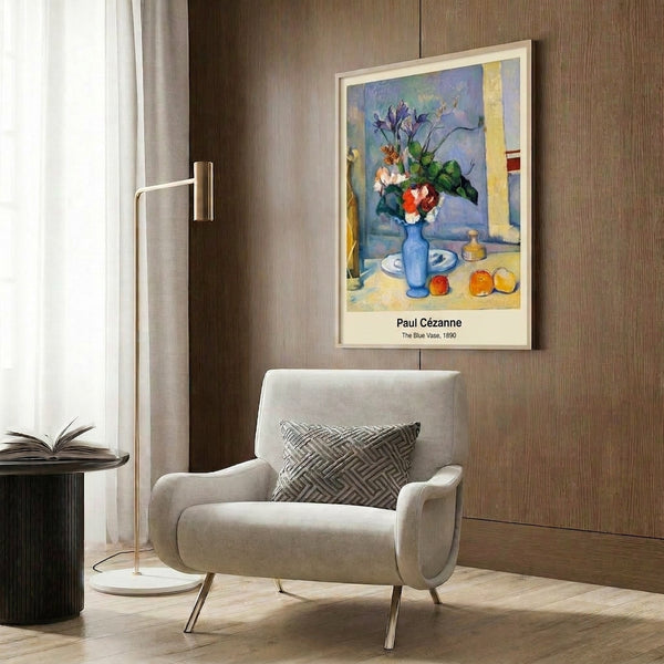 Contemporary poster art presenting a timeless still life arrangement of fruit and a striking blue vase in soft, balanced color palette inspired by classical impressionism.
