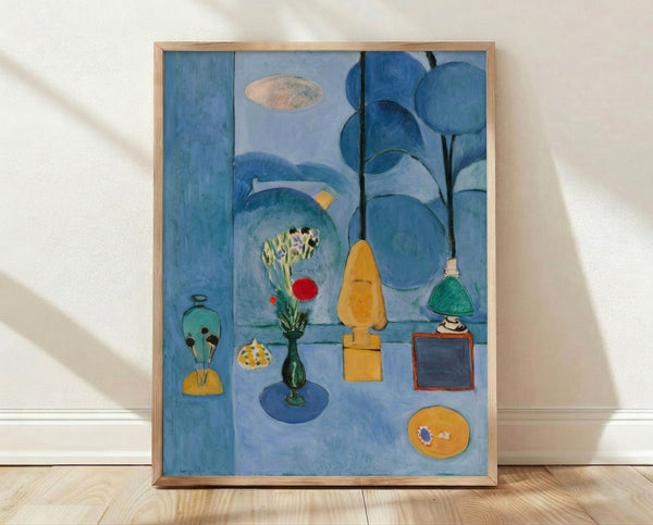 The Blue Window framed poster displaying an abstract landscape composition in cool blues, greens, and warm earth tones with minimalist geometric forms and a serene, contemplative mood.