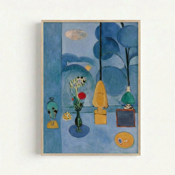 Modern art print of The Blue Window featuring simplified shapes and a harmonious color palette of blues and greens creating a peaceful, meditative interior scene.