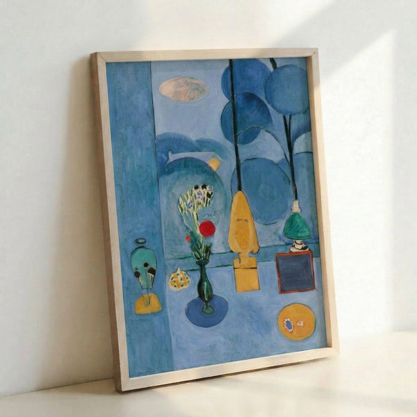 Framed abstract wall art showing The Blue Window with bold blocks of color and a tranquil aesthetic reminiscent of early 20th century modernism.