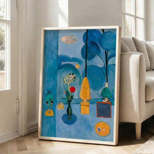 The Blue Window poster art print presenting a minimalist composition with soft blues, greens, and neutral tones evoking a calm, introspective atmosphere.