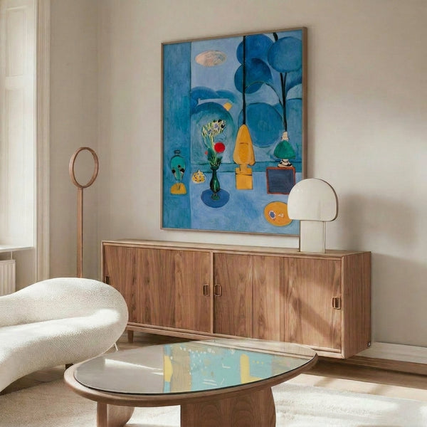 Contemporary art poster of The Blue Window rendered in cool color tones with simplified forms and a serene, wabi sabi-inspired aesthetic.