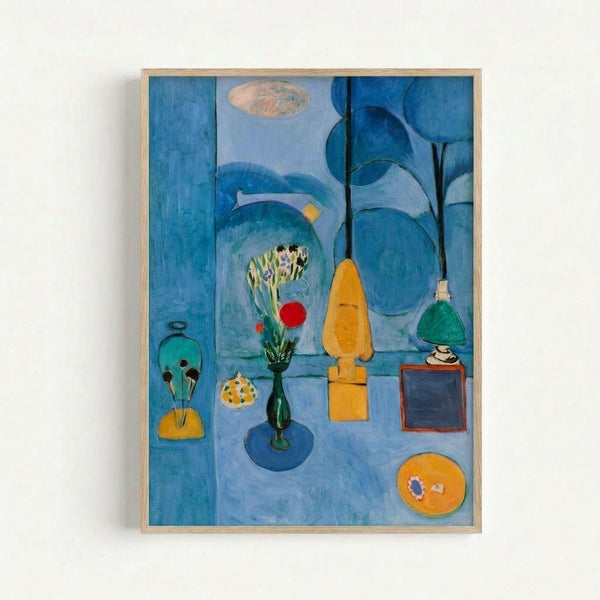 Minimalist art print on wall depicting a contemplative window scene in cool blues and greens with subtle red accents, rendered in abstract modern style.