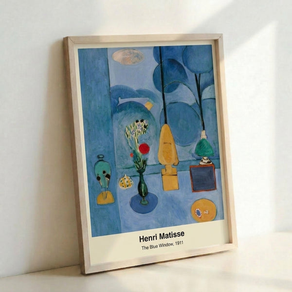 Framed abstract landscape artwork with a reflective mood, showcasing a blue window motif in muted tones of blue, gray, and green with minimalist composition.
