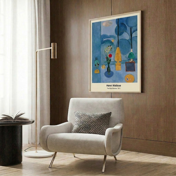Minimalist wall art print with a reflective blue window composition using cool and warm tones in abstract geometric arrangement on white ground.