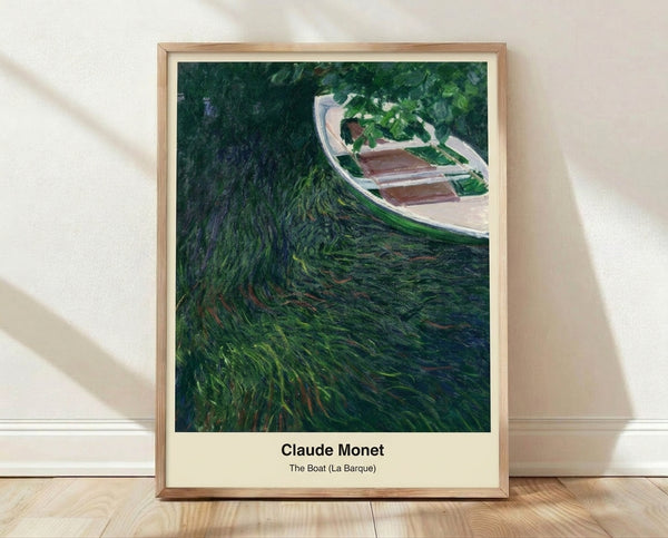 Impressionist watercolor painting of a solitary boat on shimmering blue water with soft green and gold tones, evoking a serene, luminous mood.