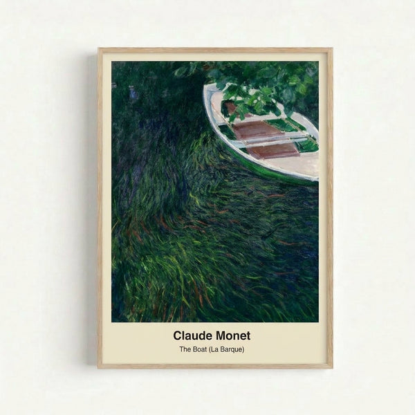 Framed impressionist artwork depicting a peaceful boat floating on tranquil water in soft blues, whites, and greens with contemplative atmosphere.