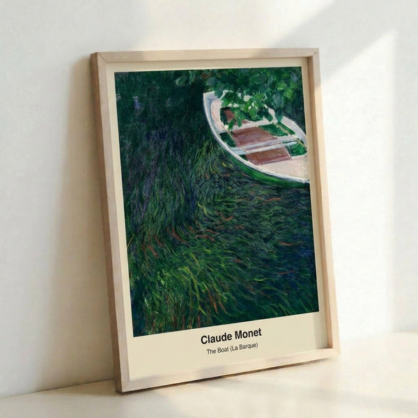 Modern impressionist landscape print showing a lone boat on glistening water rendered in delicate blue, white, and gold watercolor tones.
