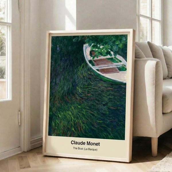 Serene watercolor landscape poster featuring a boat on calm water with soft impressionist brushwork in cool blues and warm gold accents.