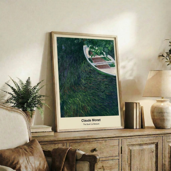 Contemplative impressionist wall art of a boat on luminous blue water, painted in soft watercolor with gentle greens and golden light.
