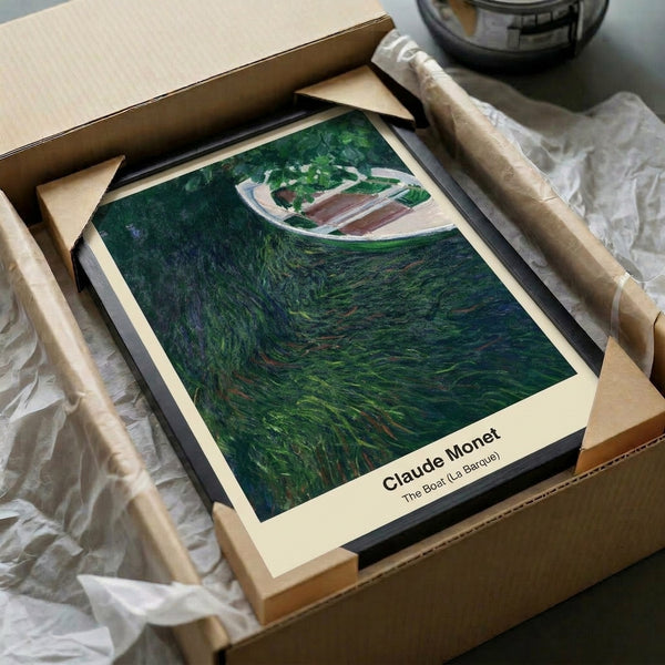 Soft watercolor impressionist poster of a solitary boat on tranquil water, rendered in luminous blues, greens, and gold tones.
