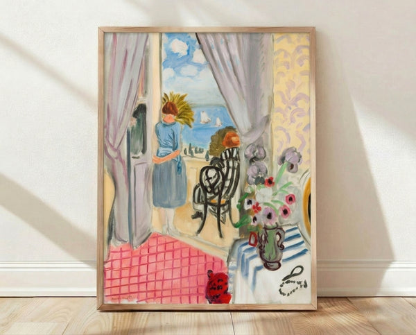 Framed poster of The Boats in Nice, a colorful Matisse-inspired coastal scene with vibrant boats and seaside landscape in warm tones and bold brushstrokes.