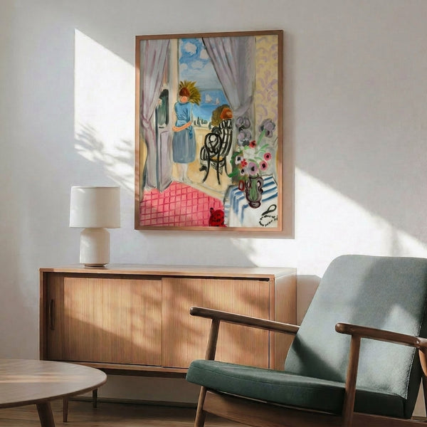 Art print of The Boats in Nice capturing a serene waterfront with moored boats rendered in bold, cheerful colors and flowing Matisse-inspired brushwork.