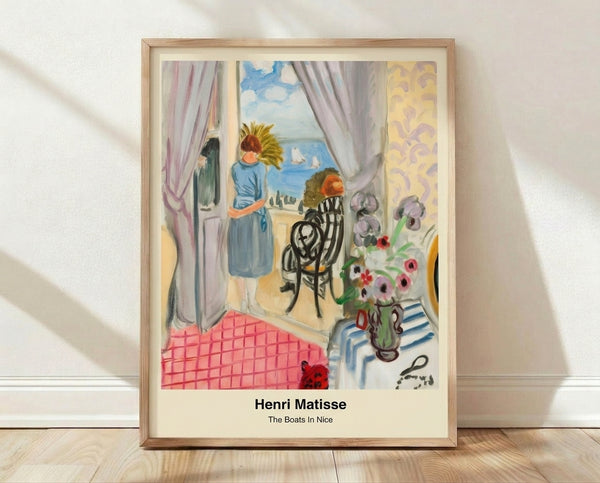 Framed Matisse art print featuring vibrant boats floating in a serene harbor, rendered in bold blues, greens, and coral tones with Art Nouveau and Impressionist influences.