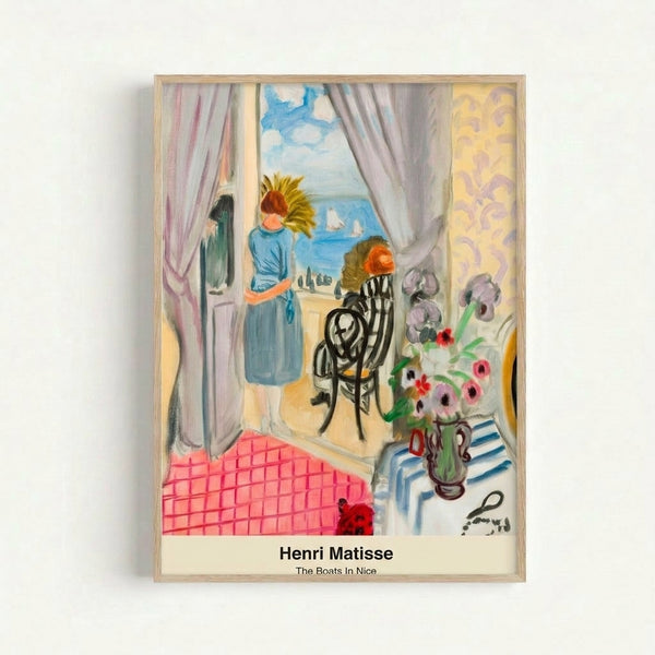 Modern coastal wall art print inspired by Matisse, depicting a peaceful Nice harbor scene with stylized boats in rich blues and ochre, creating a leisurely Mediterranean mood.