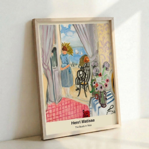 Matisse-style framed poster showing tranquil harbor boats in vibrant blue and green with warm coral accents, blending Impressionist and contemporary modern art sensibilities.
