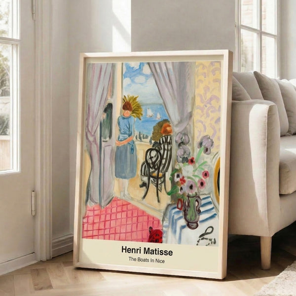 Serene coastal art print with Matisse's signature vibrant palette of blues, greens, and whites capturing anchored boats in a peaceful harbor setting.