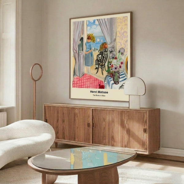 Contemporary wall art poster showcasing Matisse's vibrant harbor scene with boats in luminous blues, greens, and ochre creating a serene, sophisticated coastal mood.