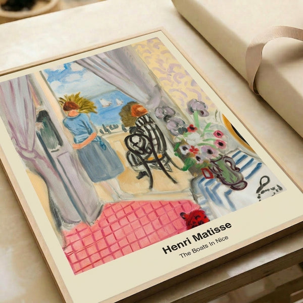 Modern framed print of Matisse's charming boat harbor with distinctive color blocking in coral, blue, and green, evoking the peaceful leisure of Mediterranean coastal life.