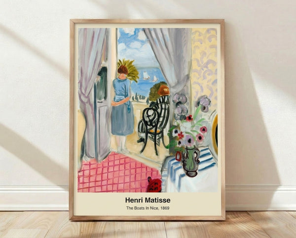 Vibrant Matisse-inspired framed poster featuring colorful boats and harbor scene with bold cobalt blue, orange, and emerald green brushstrokes in modern Fauvist style.