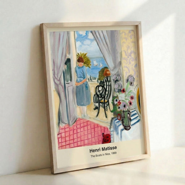 Framed art print of a bustling seaside harbor with boats in vivid fauve colors—cobalt, orange, and green—capturing the energy and movement of a Mediterranean port.