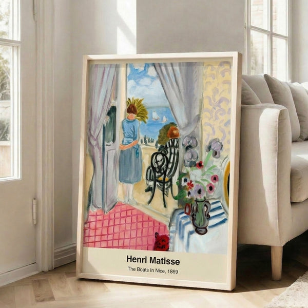 Matisse-style framed artwork depicting an animated harbor scene with boats rendered in striking fauvist colors including deep purple, sunny yellow, and vibrant greens.