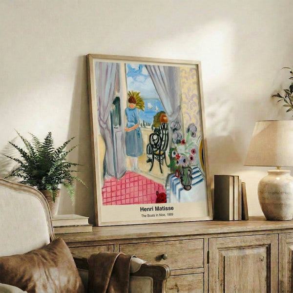 Contemporary art print featuring a joyful seaside view with moored boats in bold, expressive colors—cobalt blue, vivid orange, and emerald—in modern fauve aesthetic.