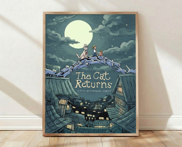 Framed art print of a whimsical moonlit rooftop scene with a tuxedo cat, child figure, and glowing moon amid soft clouds, rendered in serene teal, cream, and warm yellow tones.