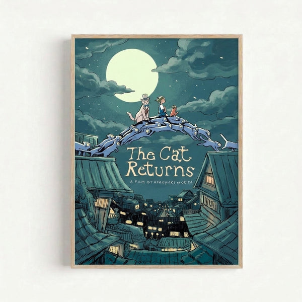 Studio Ghibli-inspired line art poster depicting a magical nighttime rooftop with cats silhouetted against a luminous moon, featuring delicate details in cool blues and creamy ivory hues.