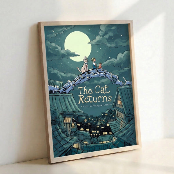 Japandi-style wall art showing a nostalgic rooftop landscape with feline characters gazing at a radiant moon surrounded by wispy clouds, illustrated in gentle teals and soft grays.