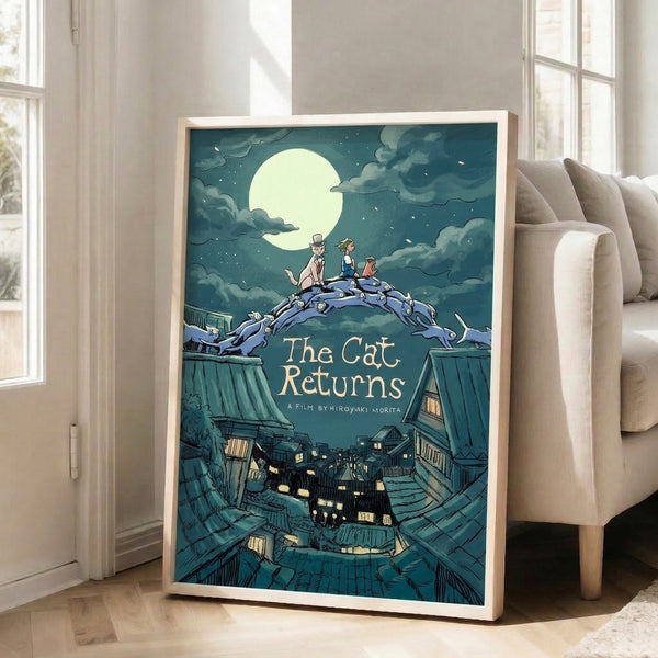 Serene framed poster of cats on a starlit rooftop scene with a glowing crescent moon and layered cityscape, combining line art elegance with a soothing palette of teal and cream.