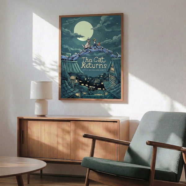 Whimsical nocturnal rooftop illustration featuring a tuxedo cat and figure beneath a luminous moon, drawn in delicate line work with mystical teal, dark blue, and warm golden accents.