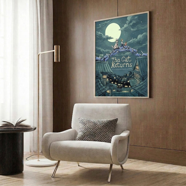 Ethereal framed art print capturing a magical moonlit moment on a rooftop with cats and soft cloudscape, rendered in cool tones of teal and gray with creamy highlights.