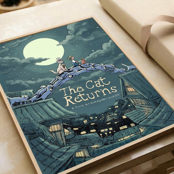 Studio Ghibli-style wall poster of a tranquil rooftop scene with cats silhouetted against an enchanted moon, showcasing intricate line art in serene teal, ivory, and soft yellow tones.