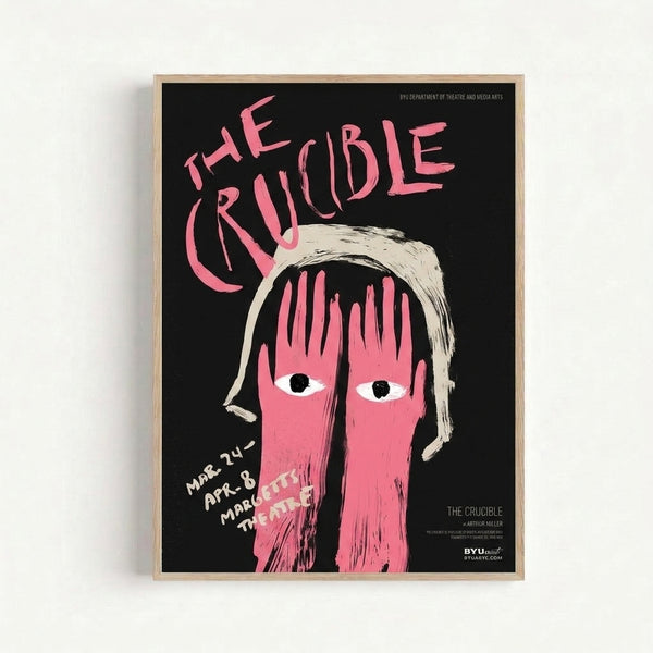 Modern pop art print with a striking woman's face rendered in bold hot pink and black tones against cream; intense and theatrical wall decor inspired by Arthur Miller's The Crucible.