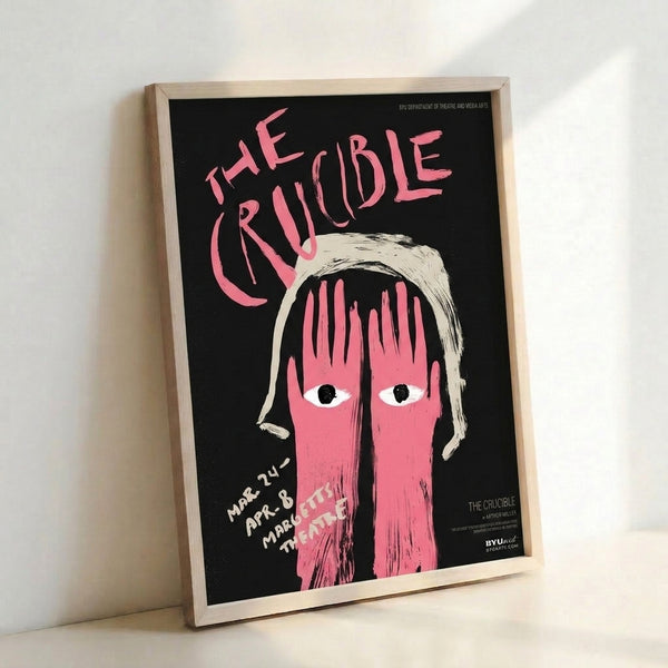 Dramatic retro poster showing a woman's haunting facial expression in vibrant hot pink and cream with stark black accents; contemporary pop art style wall art.
