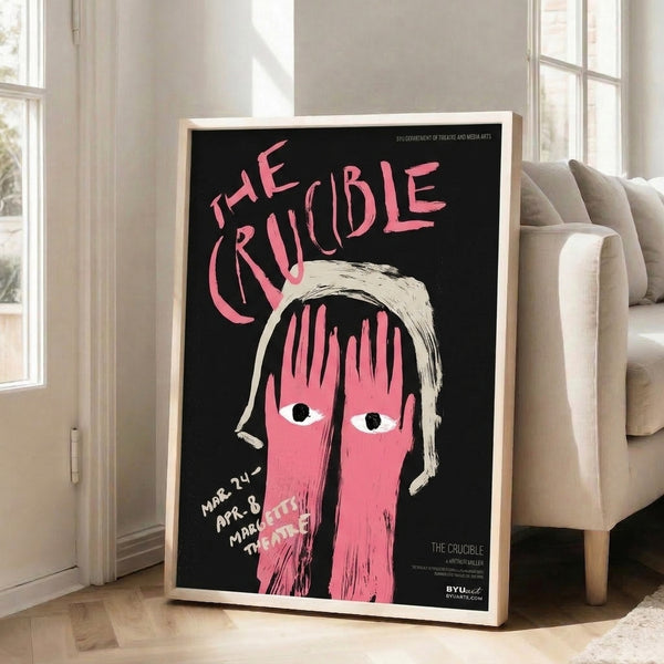 Bold pop art framed poster depicting a woman's intense gaze with flowing hair in hot pink, black, white, and cream; theatrical and modern artistic statement piece.