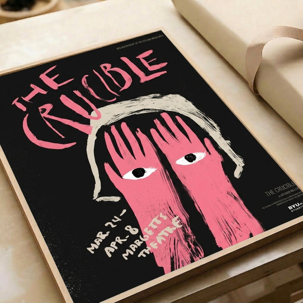 Contemporary retro-styled poster featuring a woman's portrait in bold pop art colors of hot pink, black, and cream with intense, theatrical mood and presence.