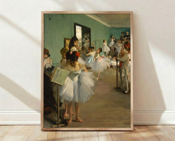 Impressionist ballet scene with dancers in tutus gathered in a studio, rendered in soft pastels and muted earth tones; framed poster on wall.