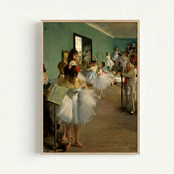Vintage-style poster depicting an elegant dance class with graceful figures in period costumes against a warm, atmospheric background.