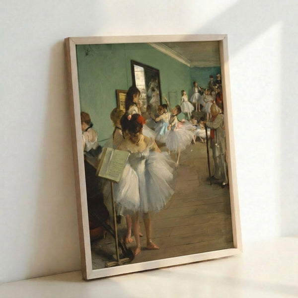 Framed art print showing ballet dancers in training, executed in classical impressionist style with delicate brushwork and subdued color palette.