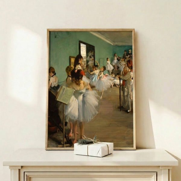Soft impressionist composition of dancers at practice, featuring flowing fabrics and gentle hues in shades of cream, ochre, and pale blue.