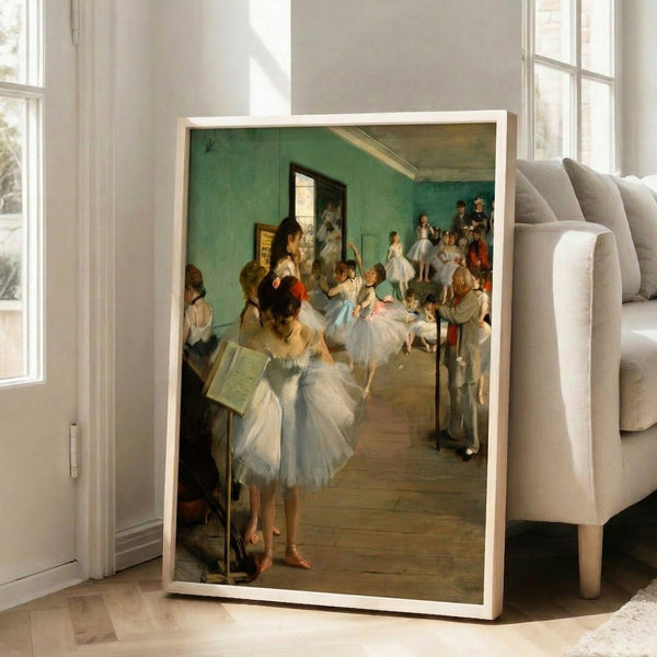 Dance studio scene with multiple figures in ballet attire, painted in impressionist technique with luminous, muted tones and intimate mood.