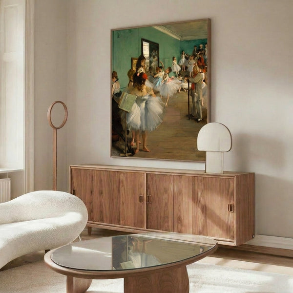 Poster art of a ballet rehearsal scene in impressionist style, capturing movement and light through soft color harmonies and loose brushwork.