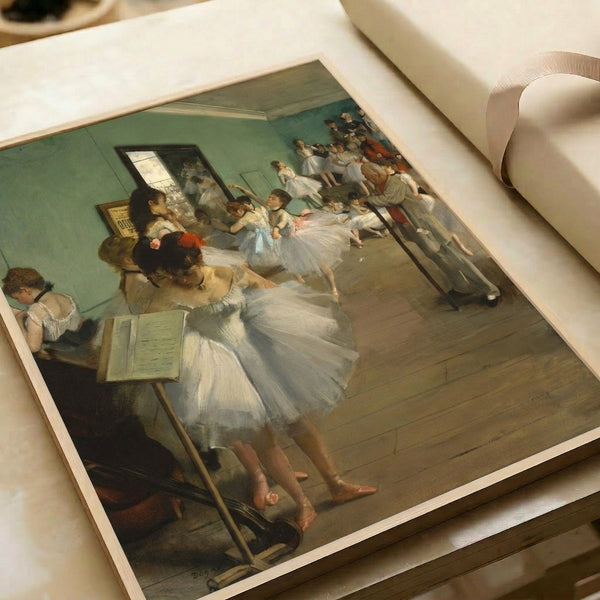 Framed vintage poster featuring dancers in a studio setting, rendered in warm, subdued impressionist palette with graceful, dynamic composition.